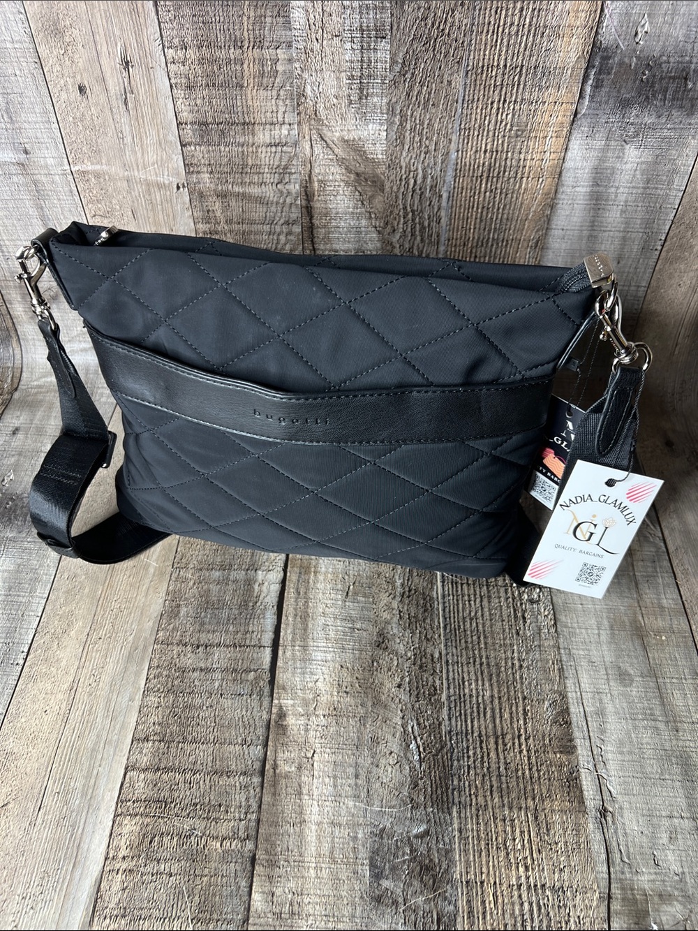 Bugatti Black Quilted Crossbody Shoulder Bag with vegan leather trim